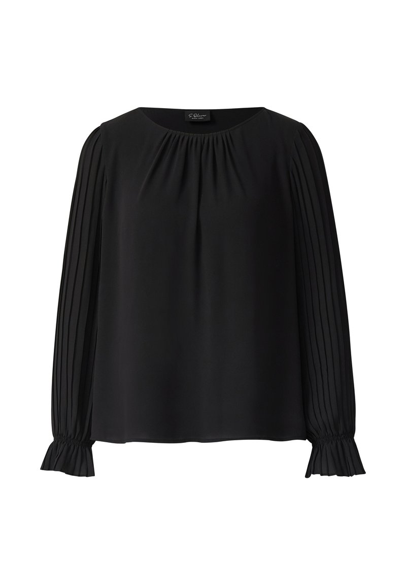 Zwarte blouse met lange geplooide mouwen, ronde halslijn en geraffineerde details op de schouders. Zachte stof met een vloeiende silhouet.