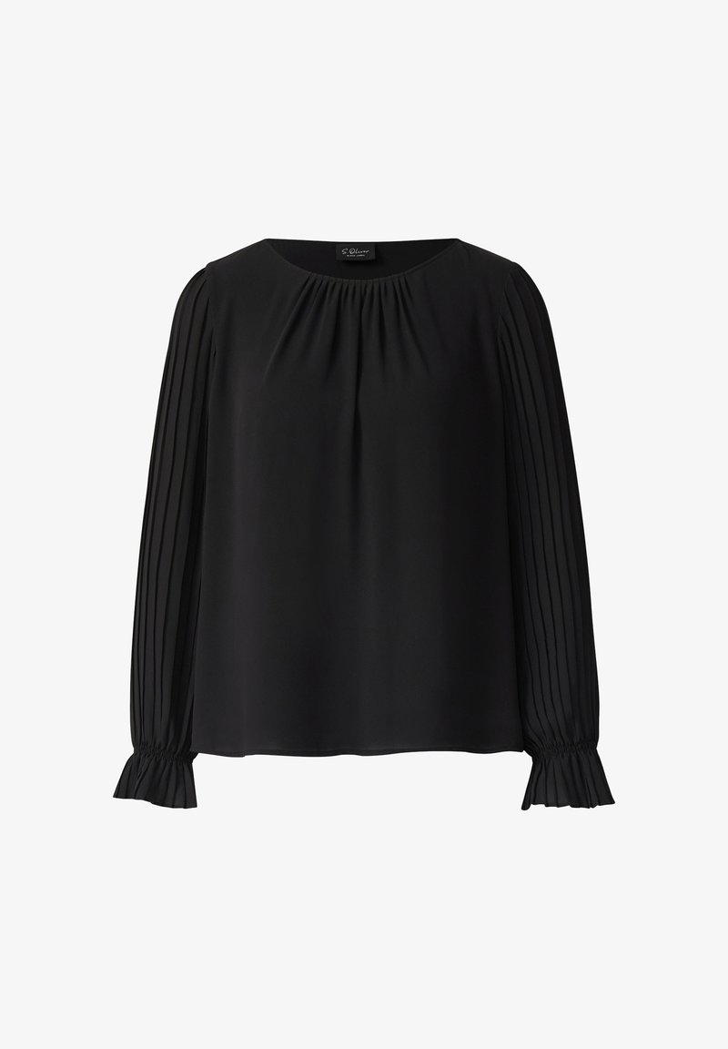 Blouse noire avec de longues manches plissées, col rond et des détails froncés aux épaules. Tissu doux avec une silhouette fluide.