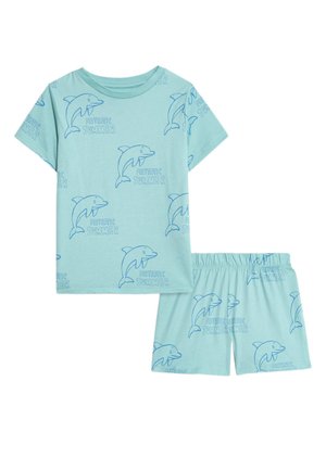 Lichtblauw kinder setje met shirt met korte mouwen en korte broek met blauwe dolfijn illustraties en "Fantastic Summer" tekstpatroon.