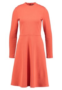 Korallfärgad långärmad klänning med hög hals, figurnära midja och utsvängd kjol. Tillverkad av slät, elastisk tyg; har en dragkedja bak.