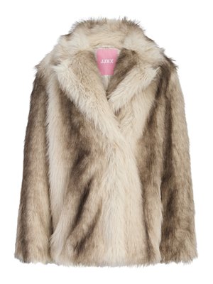 Faux fur frakke i creme- og lys brun nuancer, med en sjalkrave og en blød, tekstureret overflade. Etiket synlig indeni.