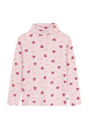 Lyserød langærmet rullekrave med små røde blomster- og sommerfugleprint jævnt fordelt på stoffet.