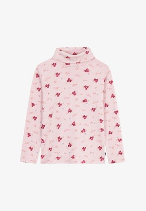 Hellrosa langärmliger Rollkragenpullover mit kleinem rotem Blumen- und Schmetterlingsmuster, gleichmäßig über den Stoff verteilt.