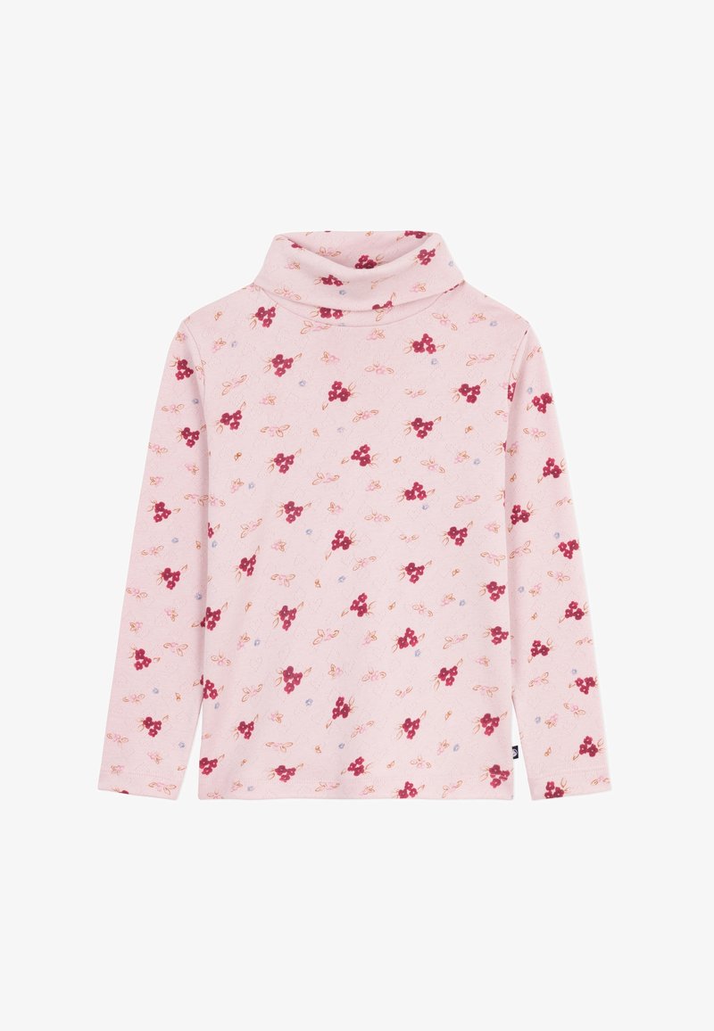 Col roulé rose clair à manches longues avec un petit motif rouge de fleurs et de papillons réparti uniformément sur le tissu.
