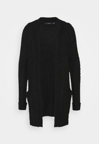 Černý kardigan s dlouhým rukávem a otevřeným předním dílem, s texturovaným pleteným vzorem a dvěma předními kapsami, vystavený na bílém pozadí.