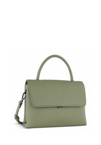 Borsa a mano in ecopelle verde con design strutturato, manico superiore e tracolla rimovibile. Presenta una chiusura a pattina e dettaglio del logo.