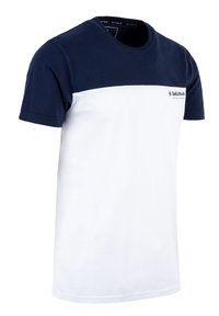 Katoenen T-shirt met een marineblauw bovenstuk en een witte onderkant. Heeft korte mouwen en een minimalistisch logo op de borst.