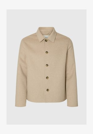 Bež sako od mješavine vune s ovratnikom, prednjim zatvaranjem na kopče i dugim rukavima. Ima šest okruglih kopči i teksturirani završetak.