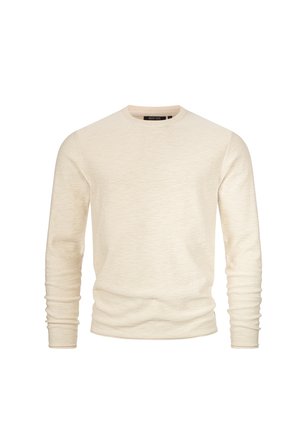 Helle beige Langarm-Pullunder mit Rundhalsausschnitt. Aus weichem Strickstoff mit subtiler Textur gefertigt. Gerippte Ärmelbündchen und Saum, minimalistische Markenkennzeichnung am Kragen.