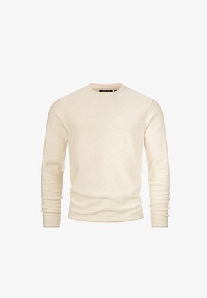 Suéter de cuello redondo de manga larga en beige claro. Fabricado en un suave tejido de punto con una textura sutil. Puños y dobladillo acanalados, con un branding mínimo en el cuello.