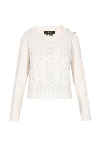 Witte gebreide trui met kabelpatronen en strass embellissementen. Heeft een ronde hals en knopen op de schouder. Lange mouwen.