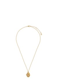Gold chain necklace with an oval pendant featuring a floral design in pink and yellow, smooth texture, and a lobster clasp closure.