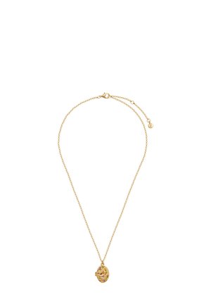 Gold chain necklace with an oval pendant featuring a floral design in pink and yellow, smooth texture, and a lobster clasp closure.