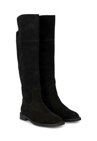 Bottes noires en daim jusqu'aux genoux avec une finition mate, semelle en caoutchouc plate, bout arrondi et un design supérieur sans couture.