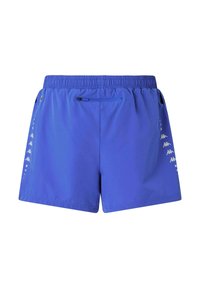 Pantaloni sportivi blu con vita elasticizzata, tasca posteriore con zip e logo Kappa stampato in bianco lungo i lati. Tessuto dalla texture liscia.