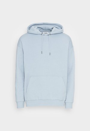Light blue hoodie made from soft fabric, featuring a front pocket, a drawstring hood, and ribbed cuffs. Smooth texture and simple design.