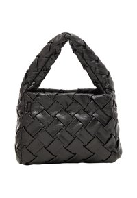 Black woven leather handbag with a structured shape, featuring two thick, interconnected handles and a textured finish.