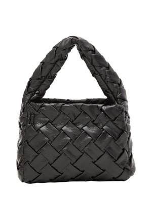 Schwarze, gewebte Ledertasche mit strukturierter Form, ausgestattet mit zwei dicken, miteinander verbundenen Griffen und einer strukturierten Oberfläche.