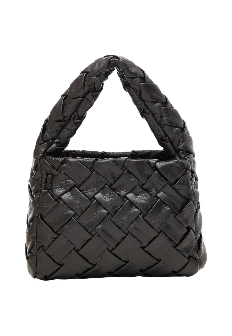 Black woven leather handbag with a structured shape, featuring two thick, interconnected handles and a textured finish.