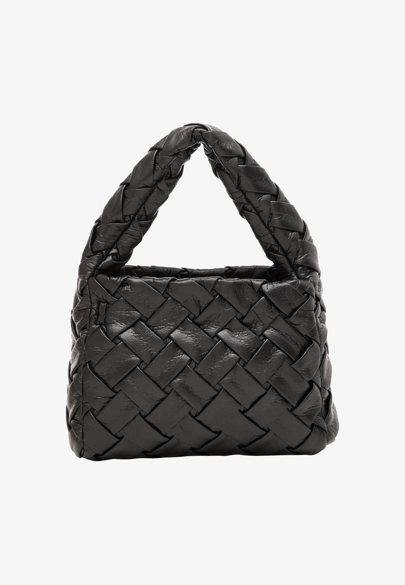 Black woven leather handbag with a structured shape, featuring two thick, interconnected handles and a textured finish.