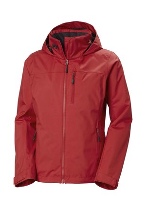 Rote wasserfeste Jacke mit Kapuze, besitzt eine glatte Textur, einen Reißverschluss vorne und zwei Seitentaschen, ideal für den Einsatz im Freien.