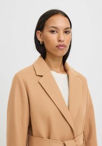 Manteau en laine couleur camel avec col cranté, détail ceinture et silhouette structurée, porté par-dessus un haut en tricot léger.