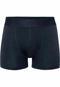 Dunkelblaue Boxer-Briefs aus weichem Stoff. Besondere Merkmale sind das taillierte Design, der elastische Bund mit eingeprägtem Markennamen und das Fehlen sichtbarer Muster.