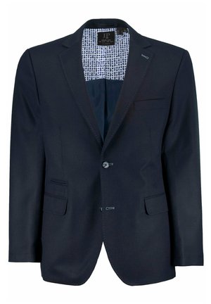 Blazer azul marino con un diseño estructurado, tres botones y dos bolsillos delanteros. Presenta un forro interior con un patrón. Textura suave.