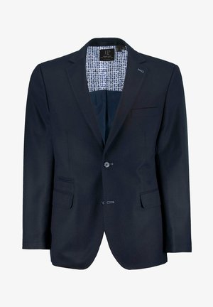 Blazer azul marino con un diseño estructurado, tres botones y dos bolsillos delanteros. Presenta un forro interior con un patrón. Textura suave.