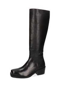 Schwarze Lederstiefel bis zum Knie mit glatter Textur, runder Zehenpartie, niedrigem Blockabsatz und minimalistischem Design. Subtile Markenplatzierung am Absatz.