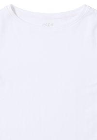 Hvid bomulds t-shirt med rund hals og en glat tekstur. Har et diskret logo trykt inden i kraven. Enkel og klassisk design.