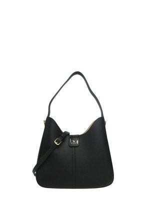 Borsa a tracolla in pelle nera strutturata con tracolla regolabile e fibbia dorata, con una piccola targhetta logo al centro davanti.