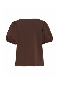 Haut marron à manches courtes avec manches bouffantes et poignets élastiques, encolure carrée et ourlet droit.