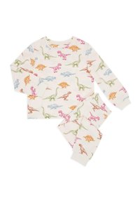 Puuvillapijama-asuste, jossa on monivärisiä dinosauruksia eri kuvioissa vaaleankreemin taustalla. Pitkähihaisessa paidassa ja yhteensopivissa lahkeissa on resorit.