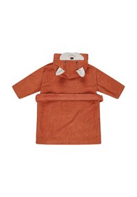 Orange hooded bathrobe featuring a bear face design with white ears, soft texture, long sleeves, and a waist tie.