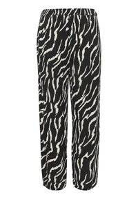 Black and cream wide-leg pants featuring a bold zebra stripe pattern, elastic waistband, and lightweight textured fabric.