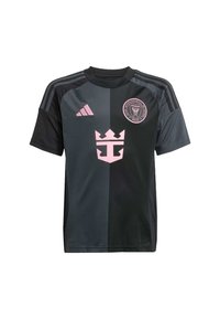 Schwarzes und dunkelgraues Fußballtrikot mit pinken Akzenten, einem Kronenlogo und einem runden Vereinswappen. Kurze Ärmel mit einem Drei-Streifen-Design.
