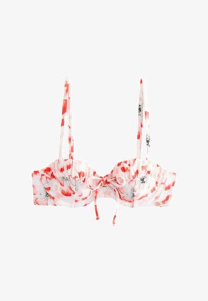 Haut de bikini imprimé avec bords froncés, présentant un motif floral rouge et blanc. Bretelles réglables et détail noué à l'avant avec des éléments dorés.