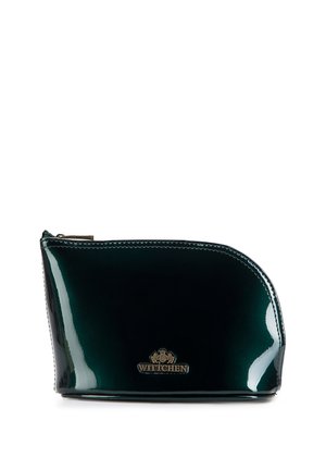 Błyszcząca ciemnozielona skórzana saszetka na zamek z zaokrąglonymi krawędziami i małym złotym logo Wittchen na środku z przodu.