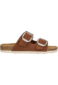 Bruine nubuck sandaal met twee banden en zilveren gespjes, kurken tussenzool en witte rubberen outsole, ontworpen voor comfort en ademend vermogen.