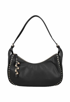 Borsa a tracolla in pelle nera con borchie argentate lungo i bordi e ciondoli a sfere argentate pendenti sulla cerniera.