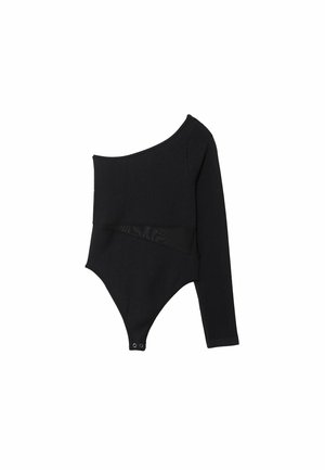Bodysuit noir à manches longues avec un design d'une épaule, présentant une section découpée transparente et des fermetures à pression en bas. Texture de tissu lisse.