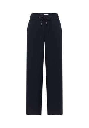 Pantalon à jambes larges bleu marine avec taille élastique et cordon noir, conçu pour une coupe décontractée.