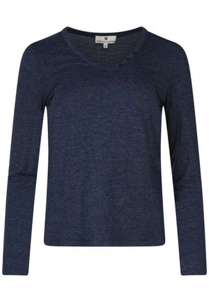 Mørkeblå langærmet skjorte i blødt stof, med en v-udskæring og tre knapper på venstre skulder samt en afslappet pasform.