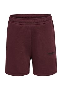 Burgundy shorts i mjukt material med elastiskt midjeband, med sidfickor och en svart logotyp längst ner till höger.