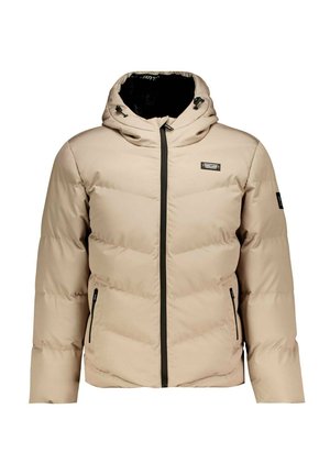 Beige gewatteerde jas met een capuchon, zwarte rits en zijzakken. Heeft een gequilt ontwerp met horizontale stiksels en een merklabel.