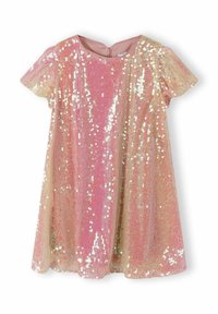 Robe à paillettes à manches courtes, dans des teintes de rose et d'or, avec un décolleté arrondi et une fermeture éclair au dos. Surface brillante et texturée.
