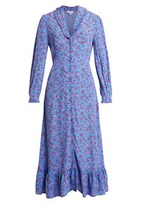 Modré květinové šaty s dlouhými rukávy, volánkovým límcem, zapínáním na knoflíky a rozšířeným lemem. Mají jemný vzor růžových a červených květin.