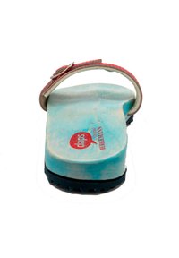 Turquoise wooden sandal with red strap and buckle. Textured rubber sole, brand logo "claps" visible on the footbed. Buckle detail noted.