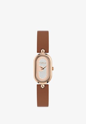 Brown leather strap watch with a rose gold metal case, oval shape, textured silver face, and single hour hand. Features brand logo.